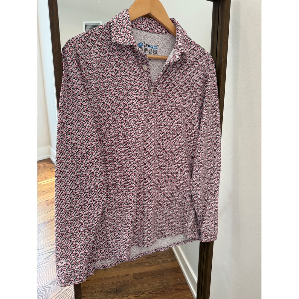 IBKUL Womens Long Sleeve Polo Shirt Pink Black Leaf Print UPF 50 Cooling IceFil